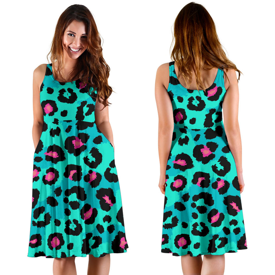 Green Leopard Skin Print Pattern Sleeveless Midi Dress