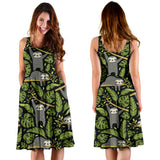Cute Sloths Tropical Palm Leaves Black Background Sleeveless Midi Dress