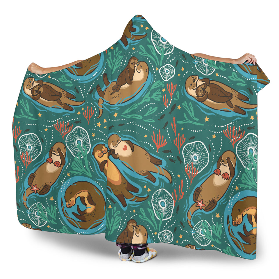 Cute Brown Sea Otters Ornamental Seaweed Corals Green Water Hooded Blanket