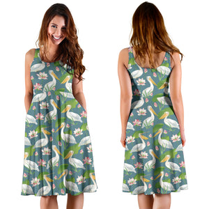 Pelican Pattern Print Design 04 Sleeveless Midi Dress