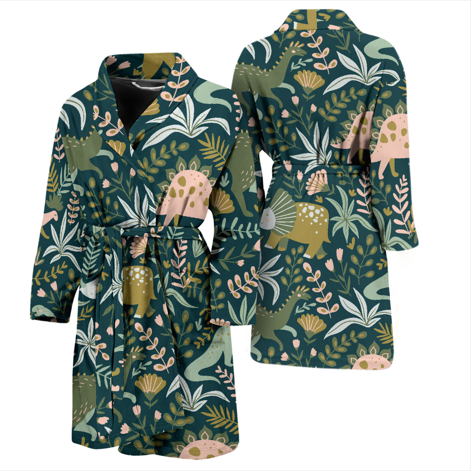 Dinosaurs Tropical Leaves Flower Pattern Men'S Bathrobe