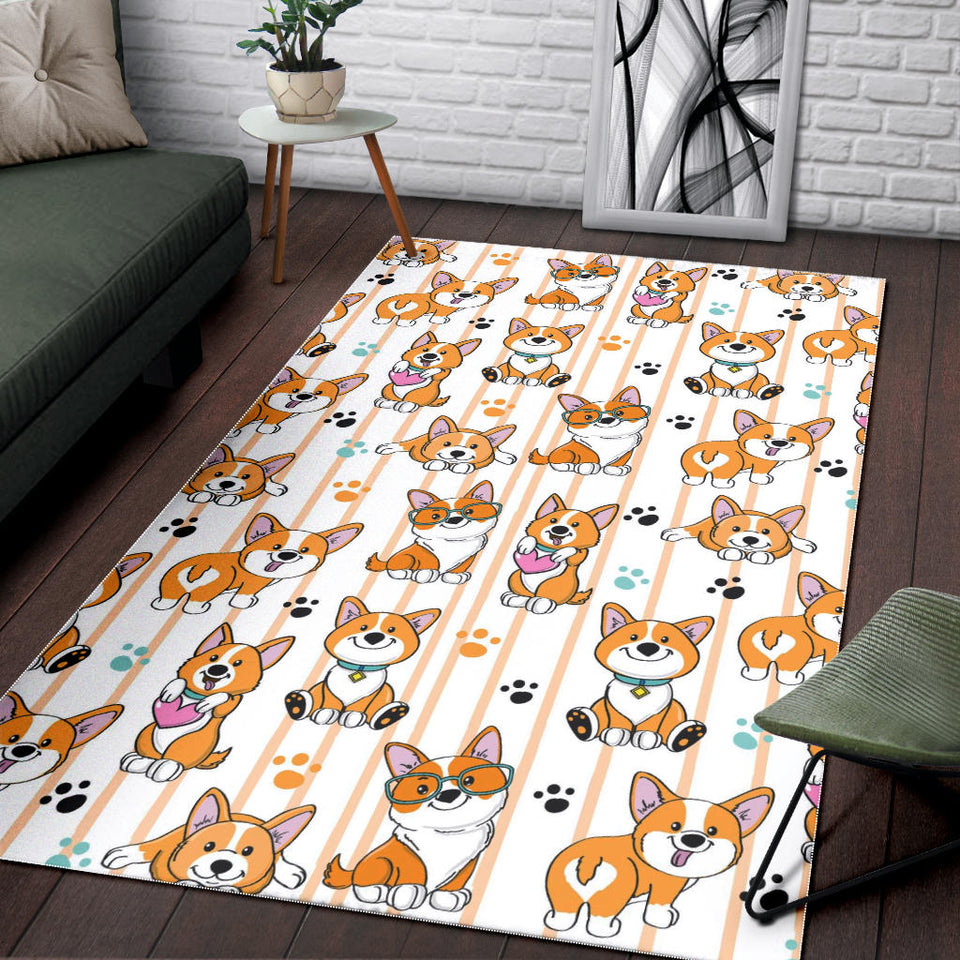 Cute Dog Corgi Striped Background Pattern Area Rug