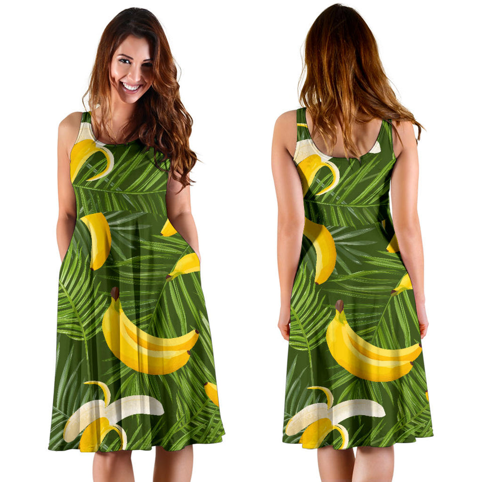 Banana Palm Leaves Pattern Sleeveless Midi Dress