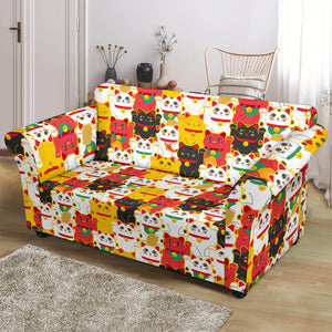 Colorful Maneki Neko Lucky Cat Pattern Loveseat Couch Slipcover