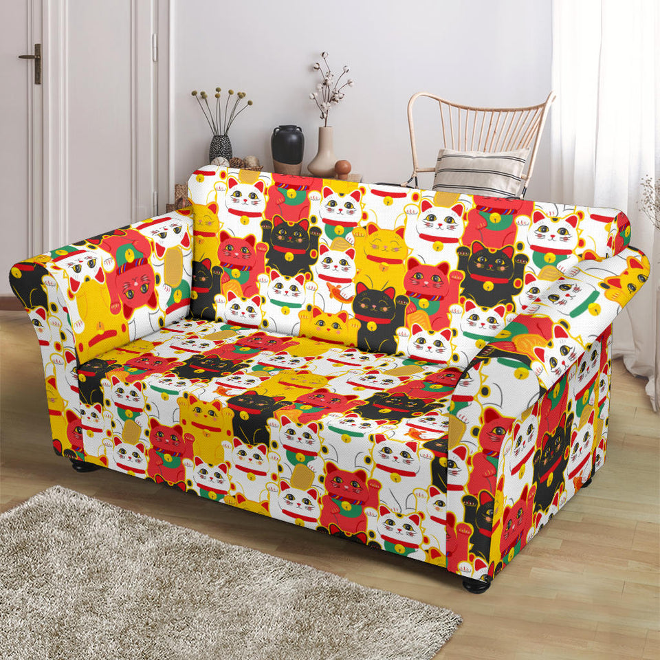 Colorful Maneki Neko Lucky Cat Pattern Loveseat Couch Slipcover