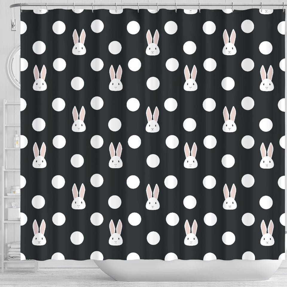 Cute White Rabbit Polka Dots Black Background Shower Curtain Fulfilled In US