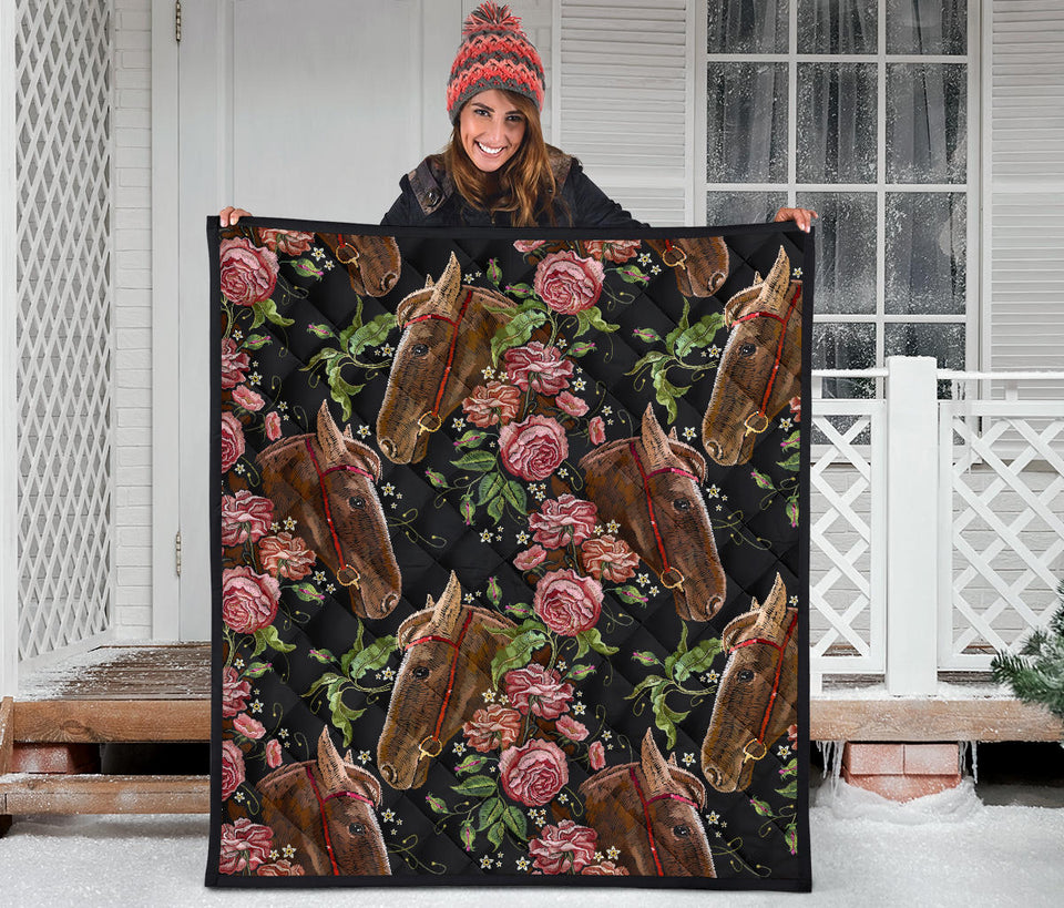 Horse Head Wild Roses Pattern Premium Quilt