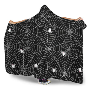 Spider Web Design Pattern Black Background White Cobweb Hooded Blanket