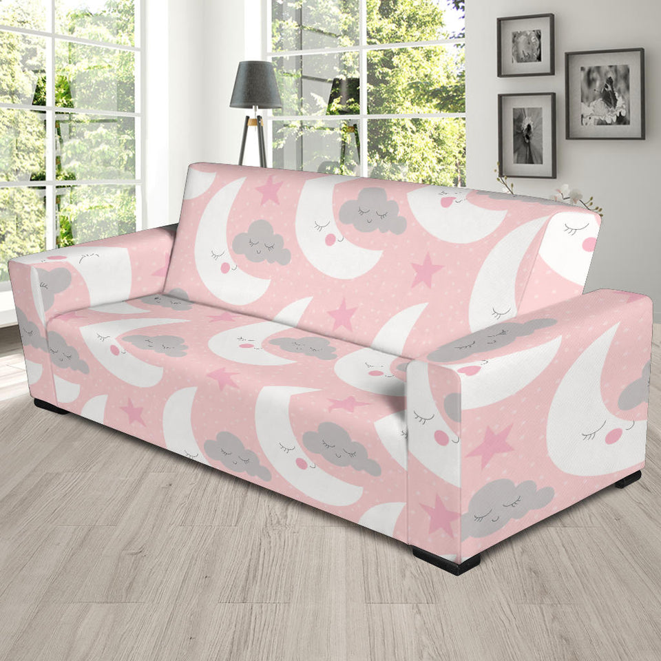 Cute Moon Cloud Star Pattern Pink Dot Background Sofa Slipcover
