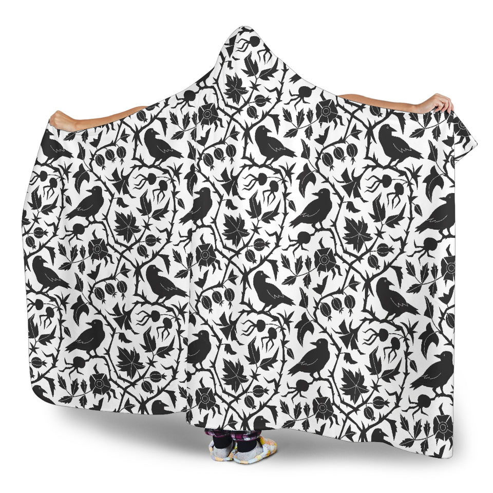 Crow Dark Floral Pattern Hooded Blanket