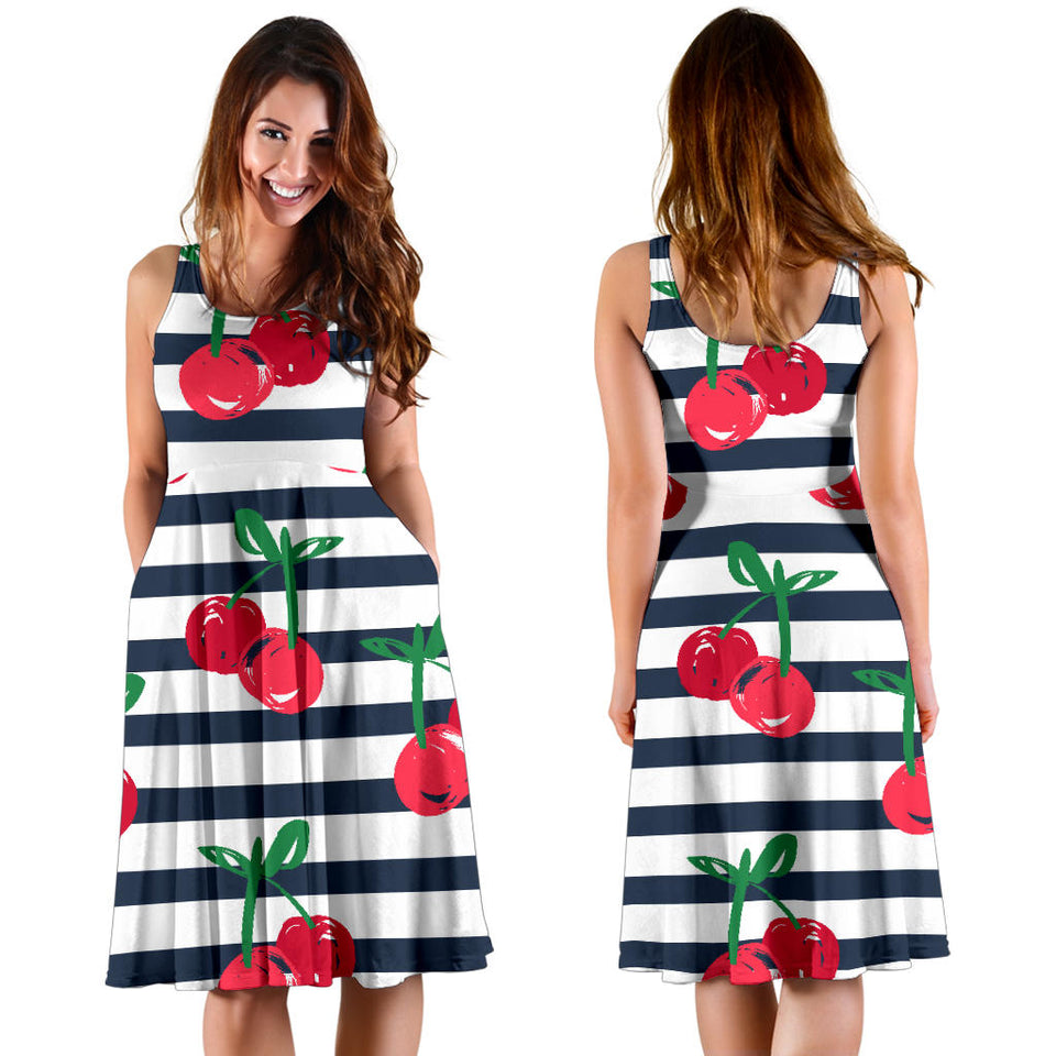 Hand Drawn Cherry Pattern Striped Background Sleeveless Midi Dress