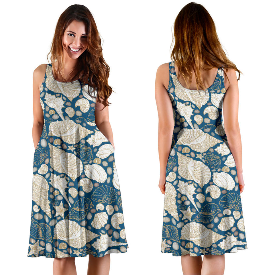 Shell Polynesian Tribal Design Pattern Sleeveless Midi Dress