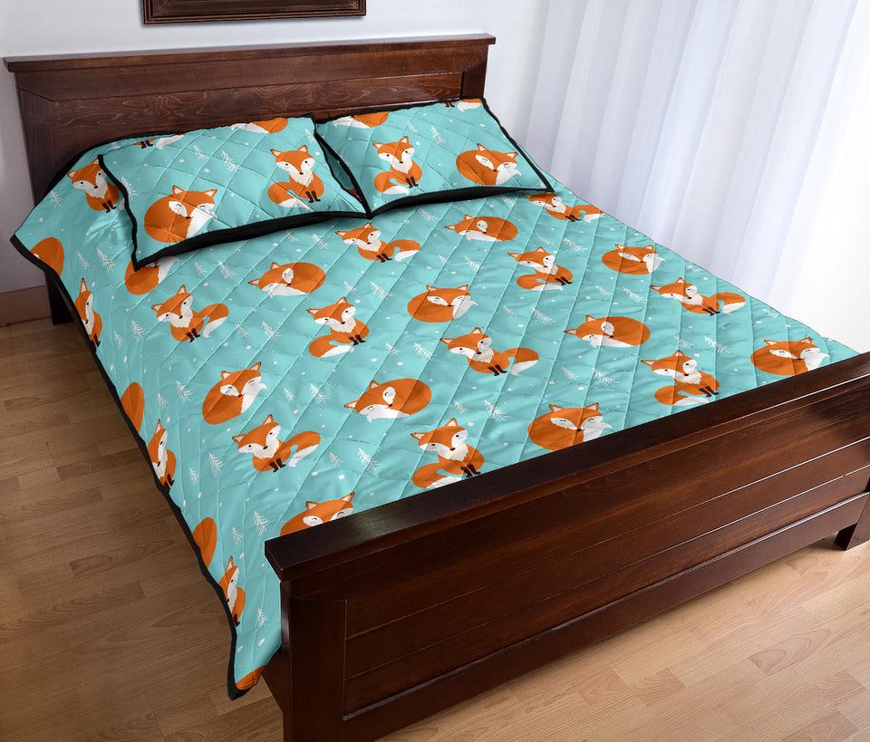 Fox pattern blue b ackground Quilt Bed Set