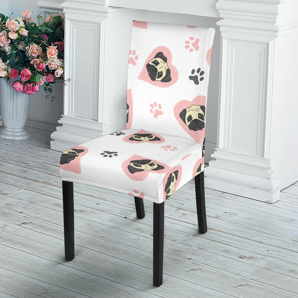 Cute Pugs Pink Heart Paw Pattern Dining Chair Slipcover