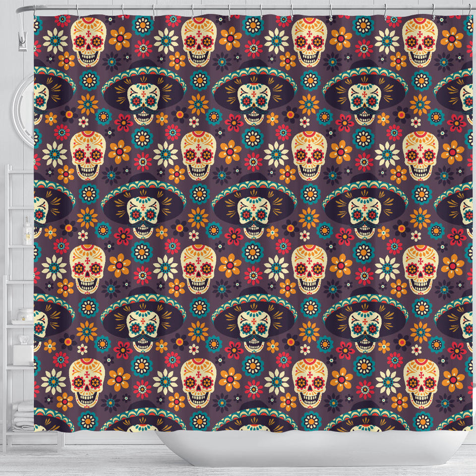 Sugar Skulls Flower Maxican Pattern Shower Curtain Fulfilled In US