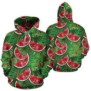 Watermelons Tropical Palm Leaves Pattern Background Men Women Pullover Hoodie