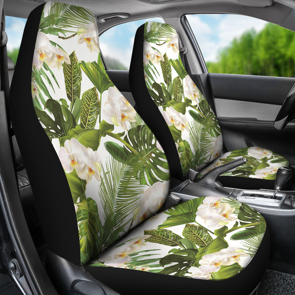 White Orchid Flower Tropical Leaves Pattern Universal Fit Car Seat Covers