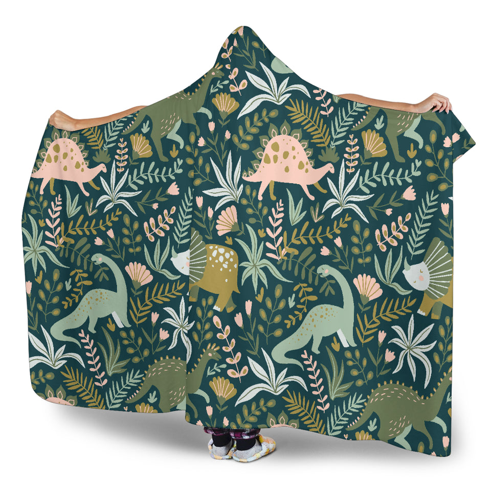 Dinosaurs Tropical Leaves Flower Pattern Hooded Blanket