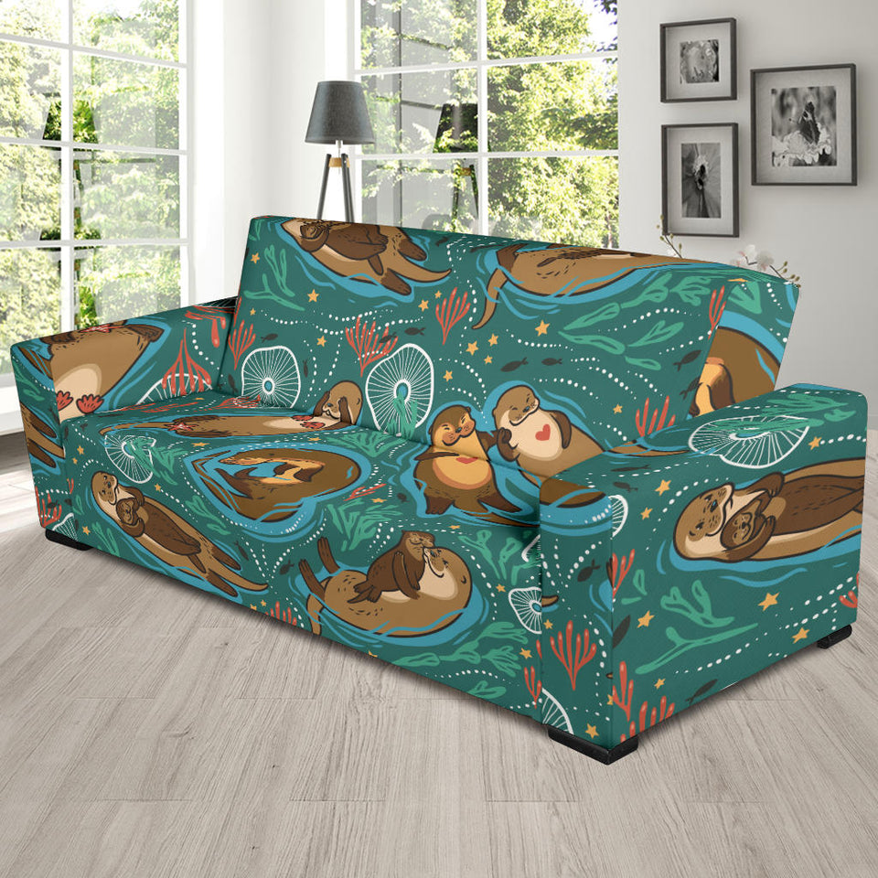 Cute Brown Sea Otters Ornamental Seaweed Corals Green Water Sofa Slipcover