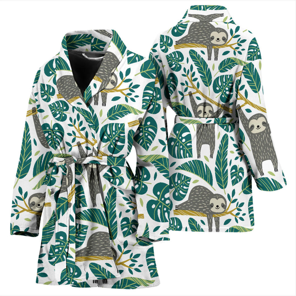 Cute Sloths Tropical Palm Leaves White Background Women'S Bathrobe