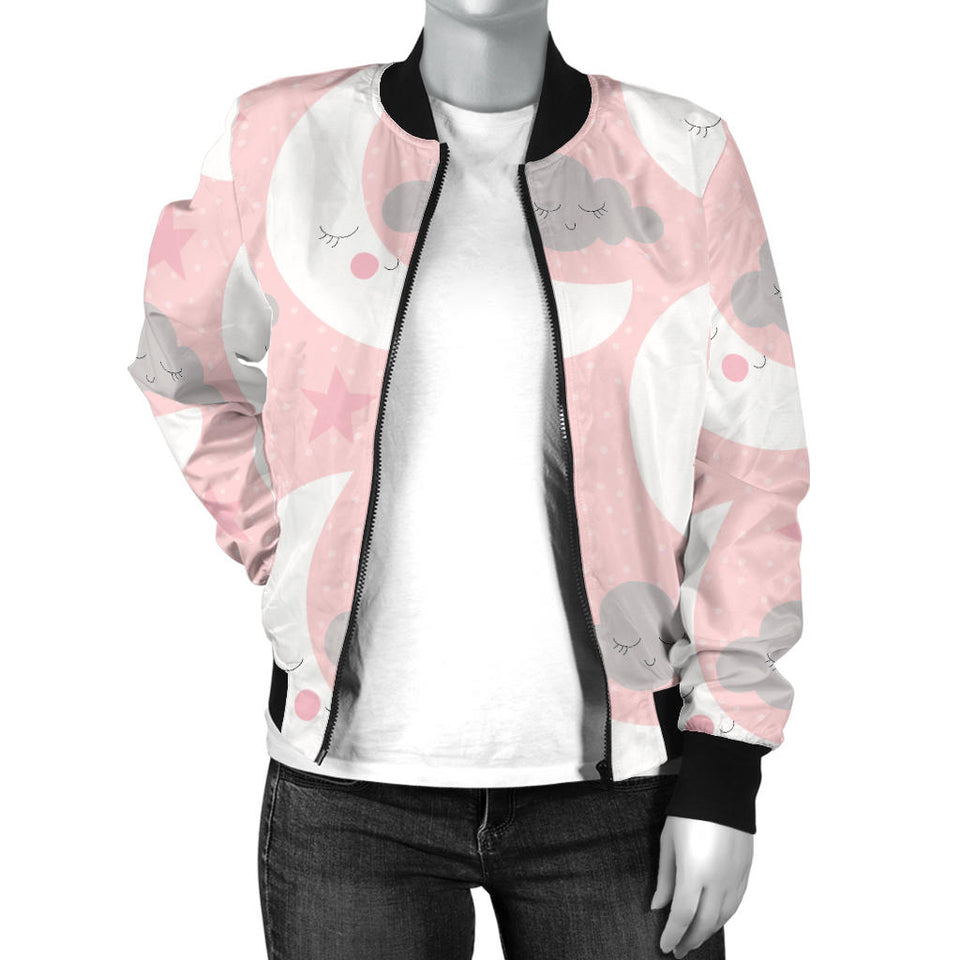 Cute Moon Cloud Star Pattern Pink Dot Background Women'S Bomber Jacket