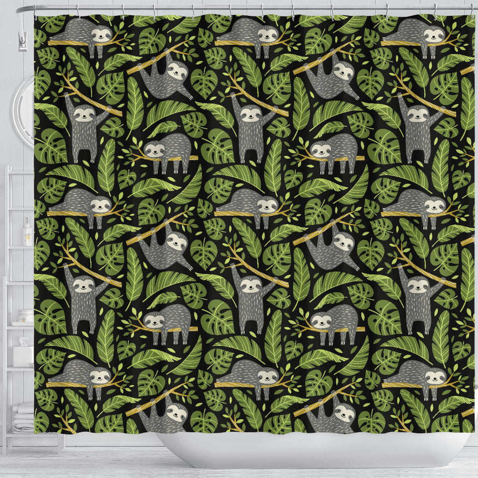 Cute Sloths Tropical Palm Leaves Black Background Shower Curtain Fulfilled In US