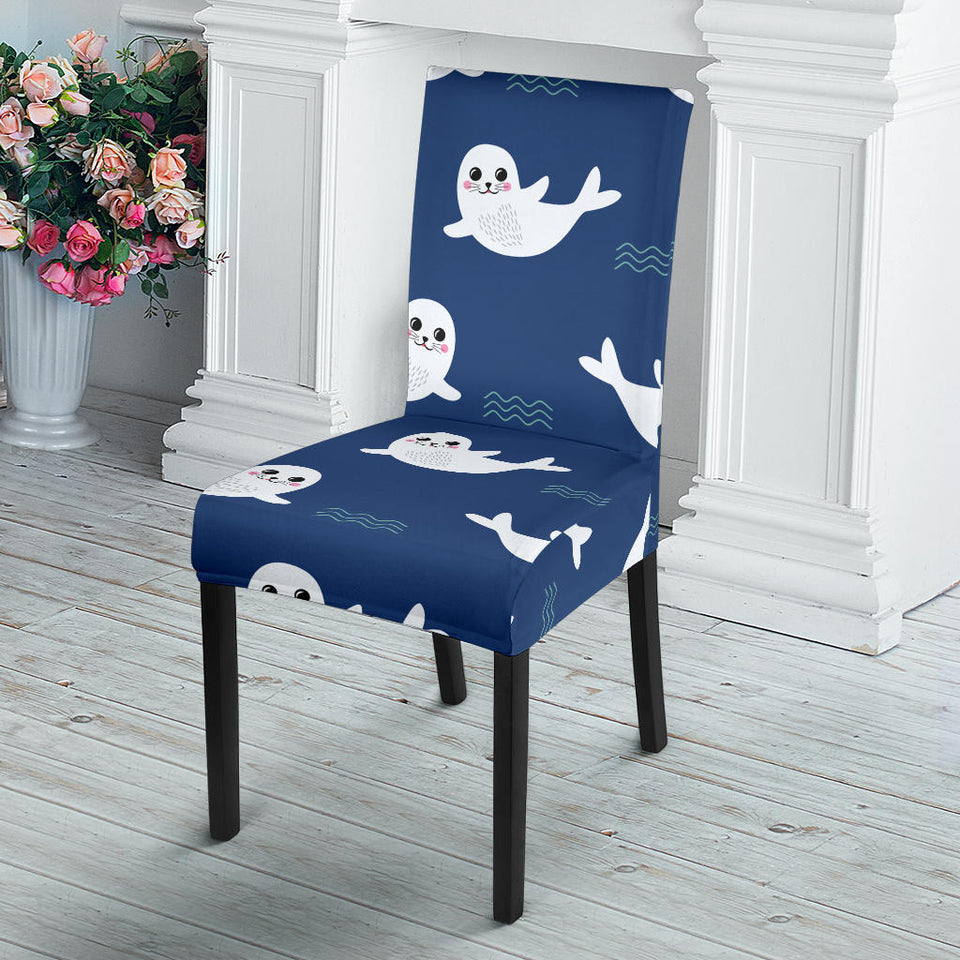 Cute White Baby Sea Lion Seal Pattern Dining Chair Slipcover