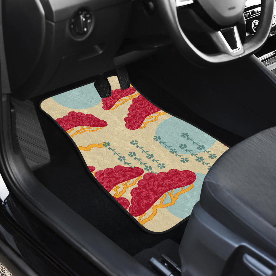 Red Bonsai Gray Sun Japanese Pattern Front And Back Car Mats