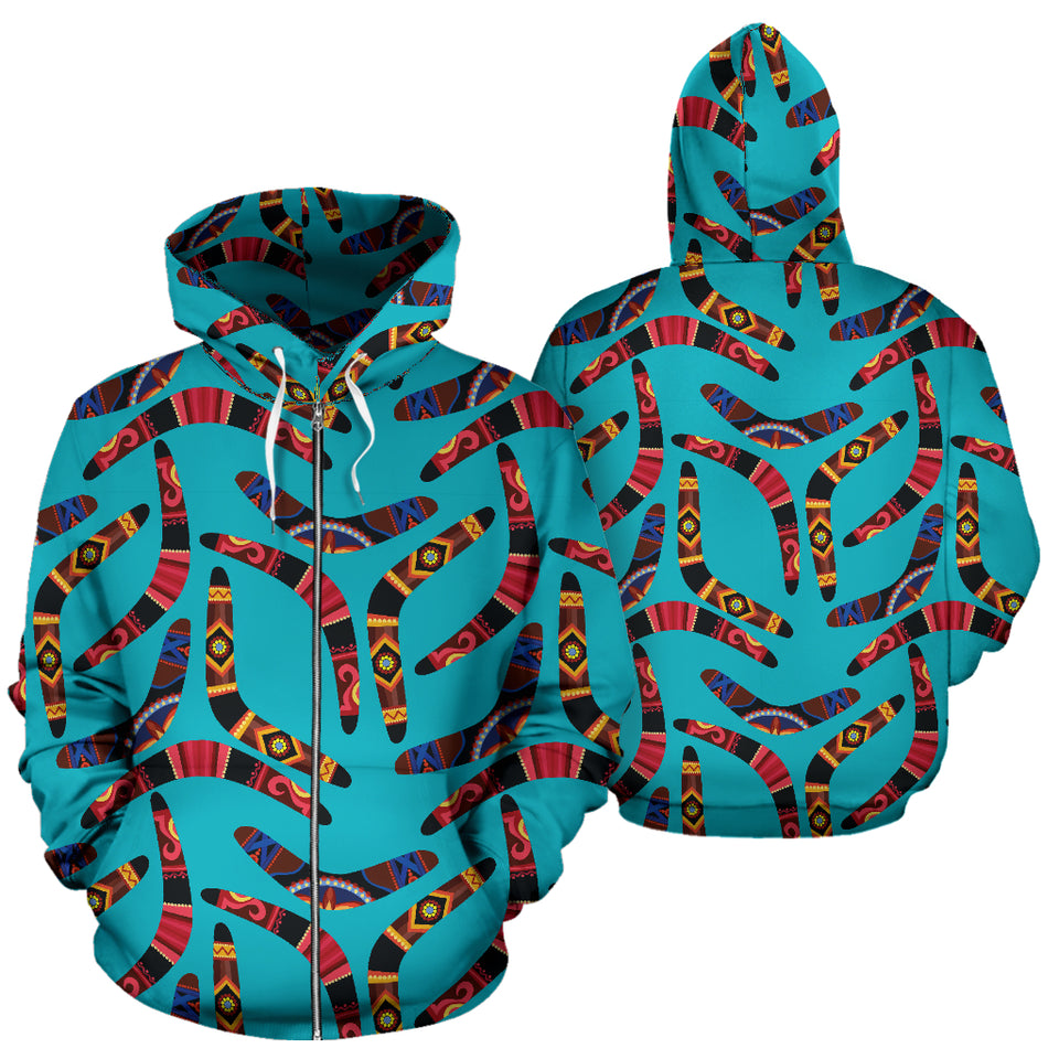 Boomerang Australian Aboriginal Ornament Blue Background Zip Up Hoodie