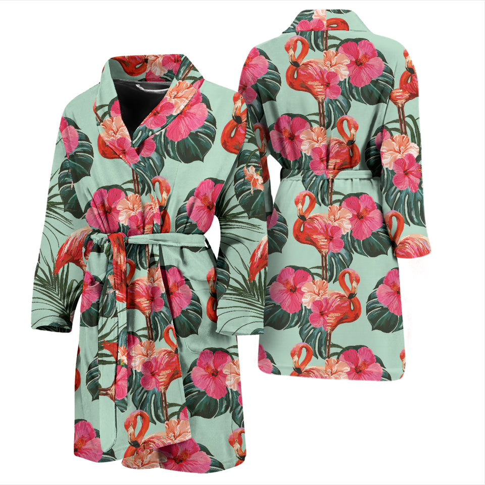 Beautiful Flamingo Tropical Palm Leaves Hibiscus Pateern Background Men'S Bathrobe