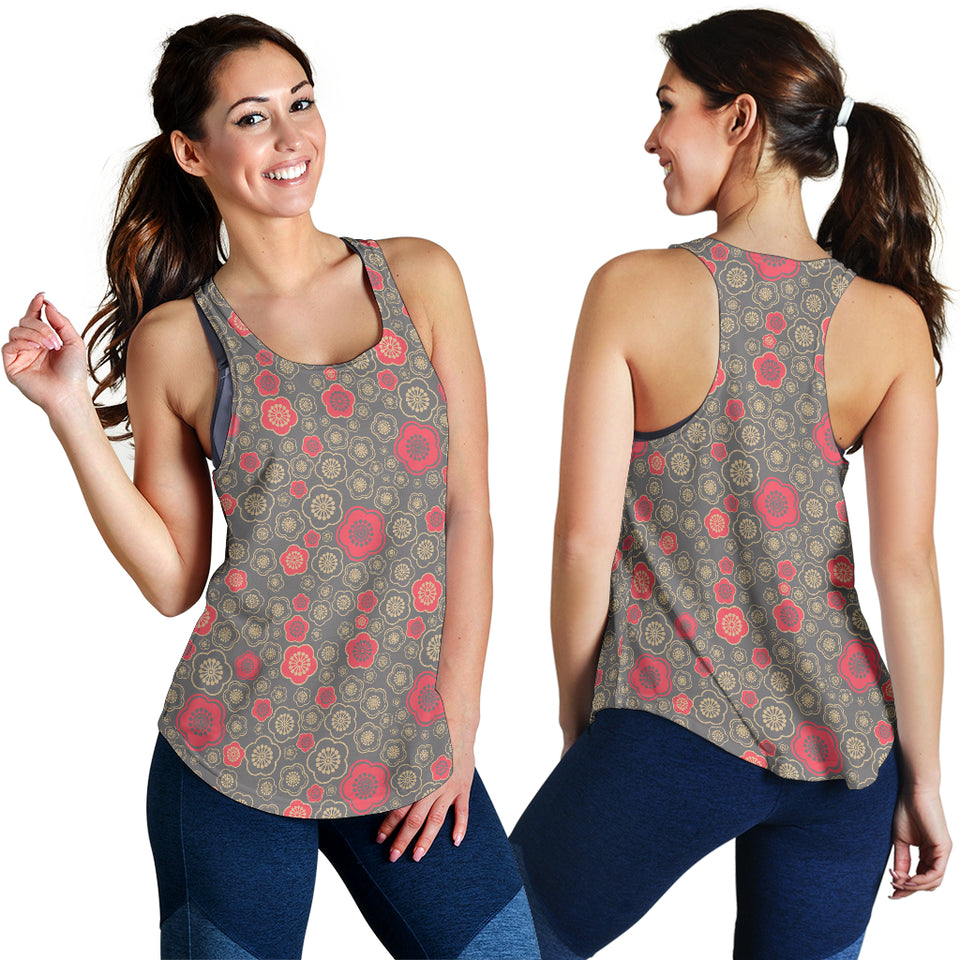 Red gold Sakura cherry blossom gray background Women Racerback Tank Top