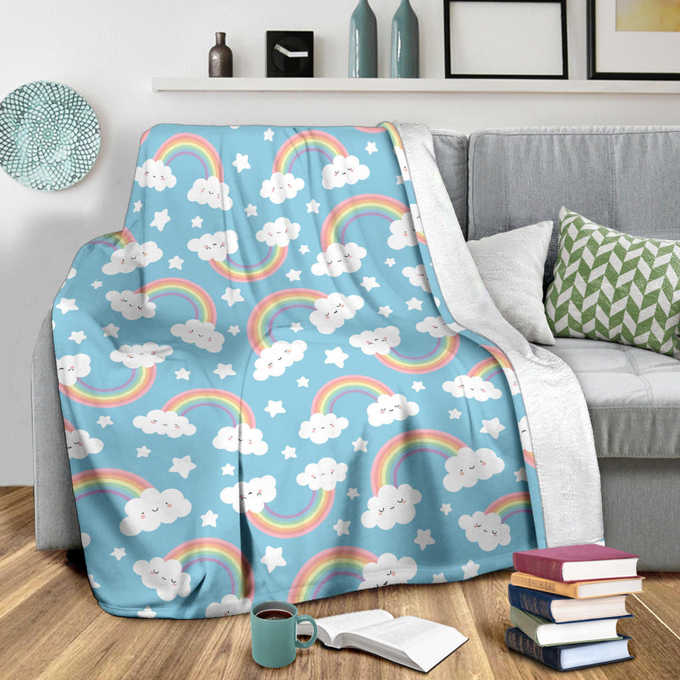 Cute Rainbow Clound Star Pattern Blue Background Premium Blanket