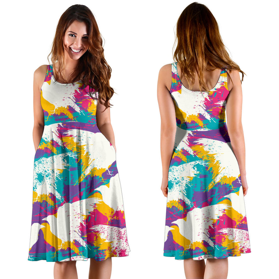 Colorful Crow Illustration Pattern Sleeveless Midi Dress