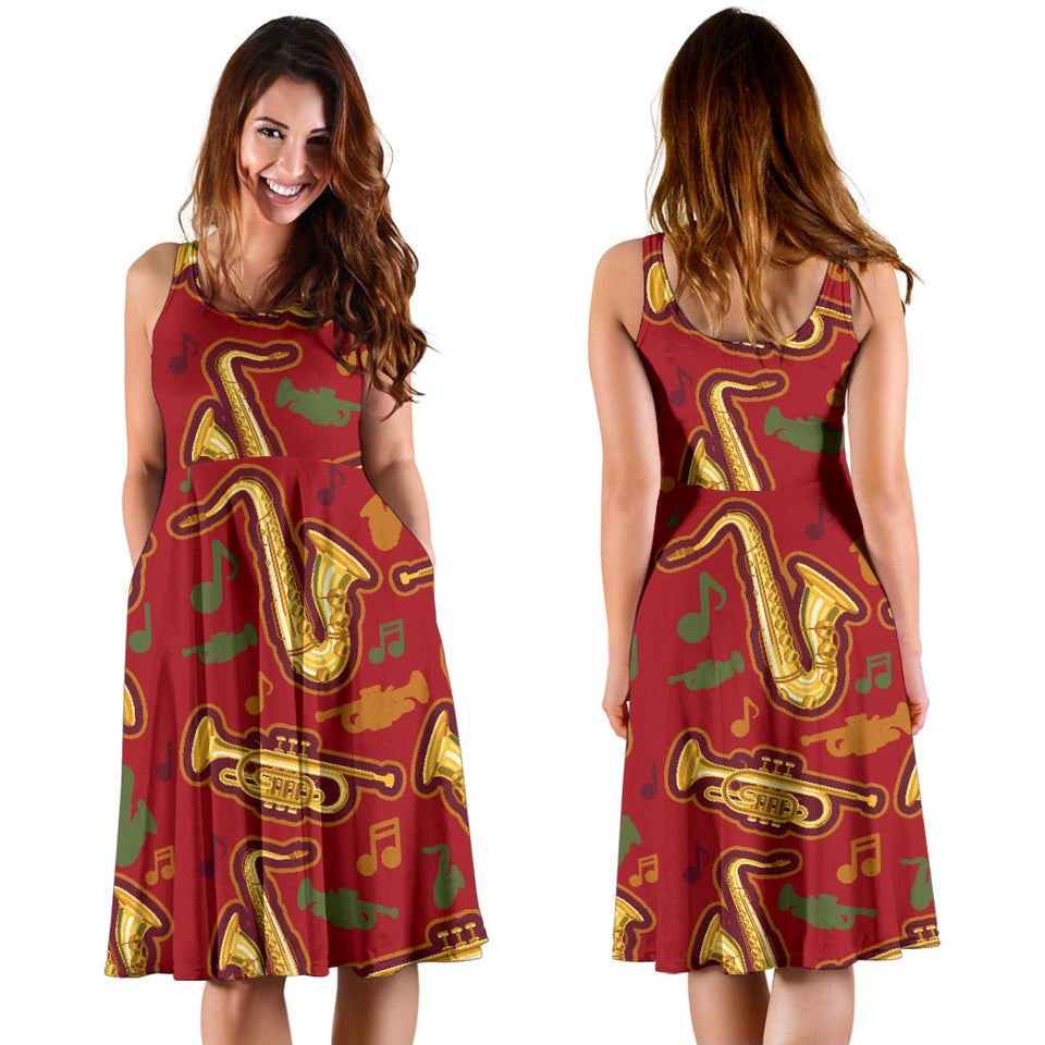 Saxophone Cornet Pattern Red Background Sleeveless Midi Dress