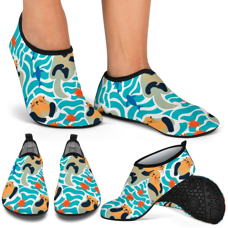 Cute Sea Otters Fishe Sea Urchin Pattern Aqua Shoes