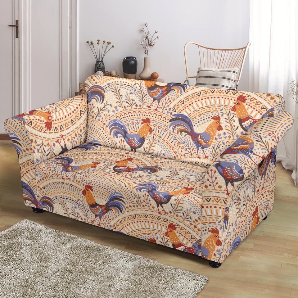 Cute Rooster Chicken Cock Floral Ornament Background Loveseat Couch Slipcover