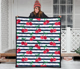 Hand Drawn Cherry Pattern Striped Background Premium Quilt