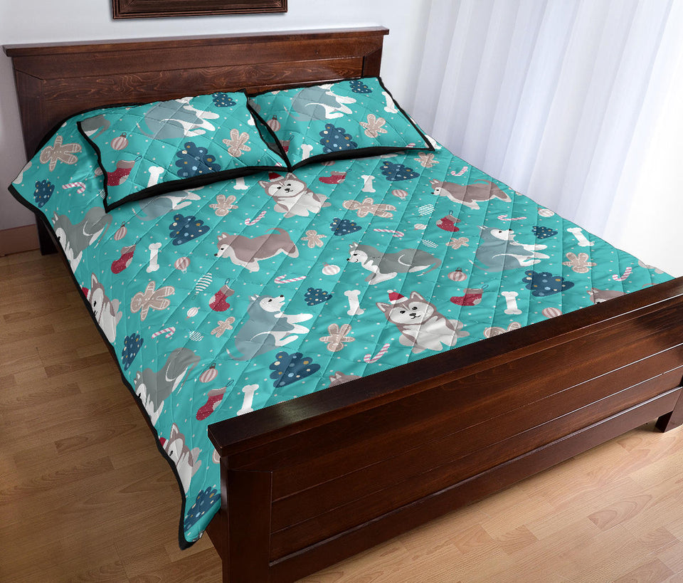 Christmas cute siberian husky puppie pattern Quilt Bed Set