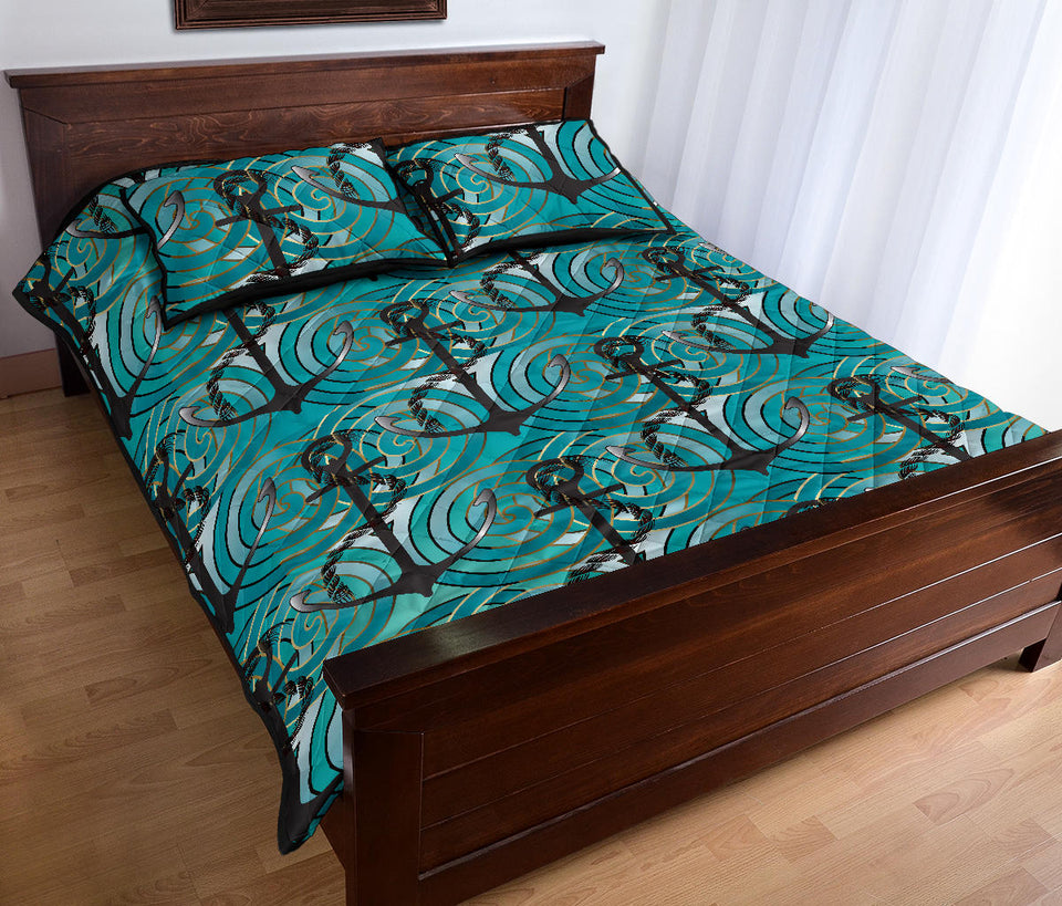 Anchor nautical green background Quilt Bed Set