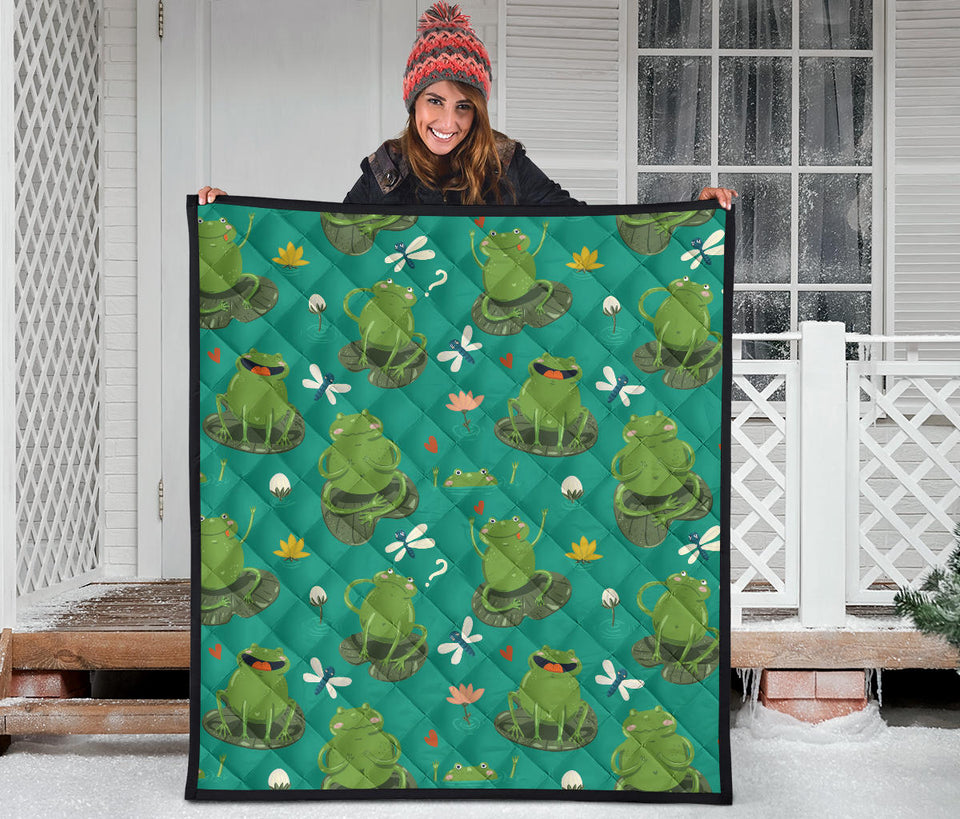Cute Frog Dragonfly Design Pattern Premium Quilt