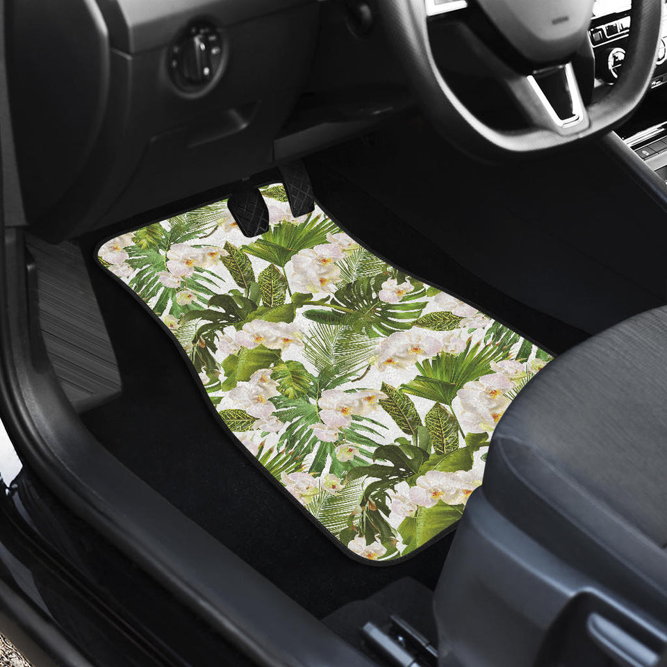 White Orchid Flower Tropical Leaves Pattern Front Car Mats