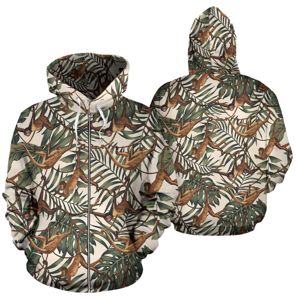 Monkey Tropical Leaves Background Zip Up Hoodie