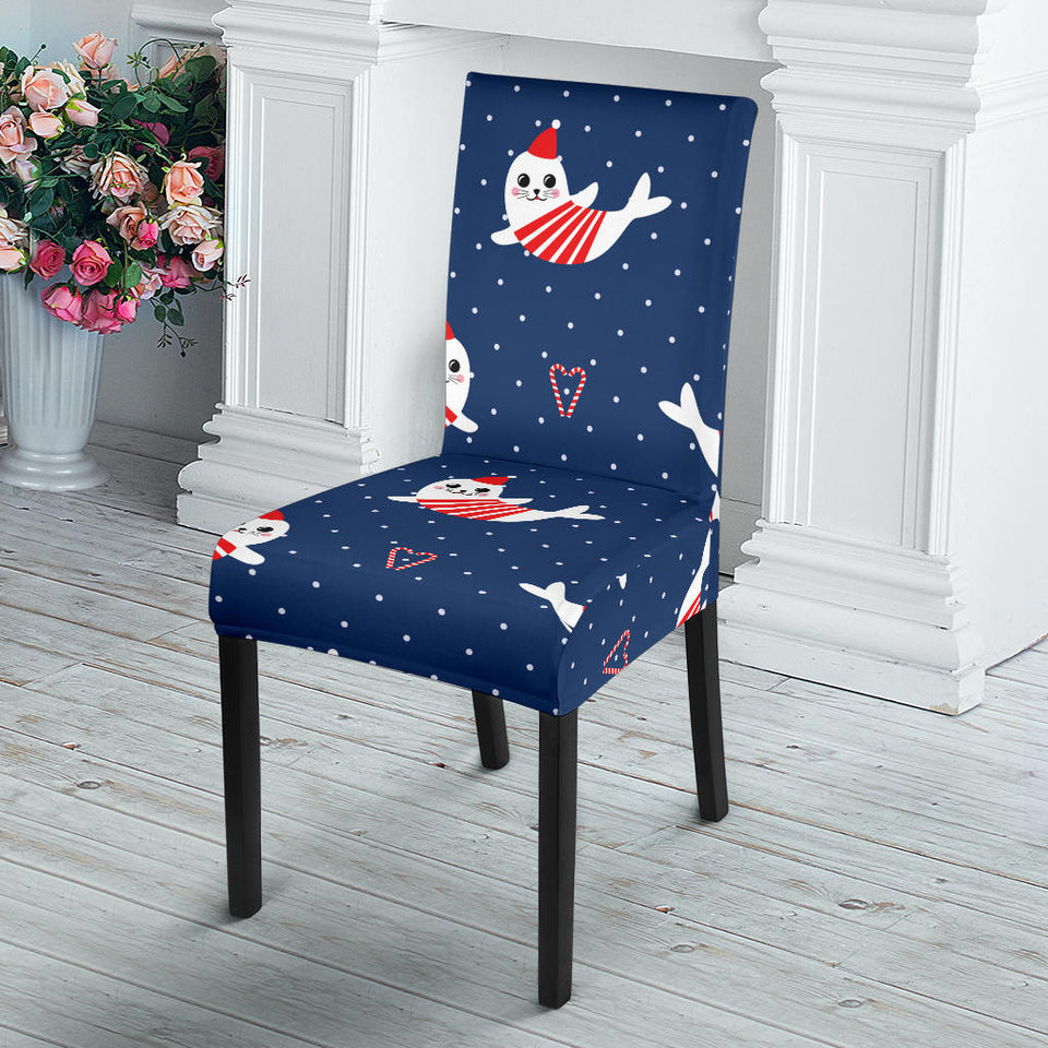 Cute Sea Lion Seal Christmas Hat Candy Cane Heart Pattern Dining Chair Slipcover