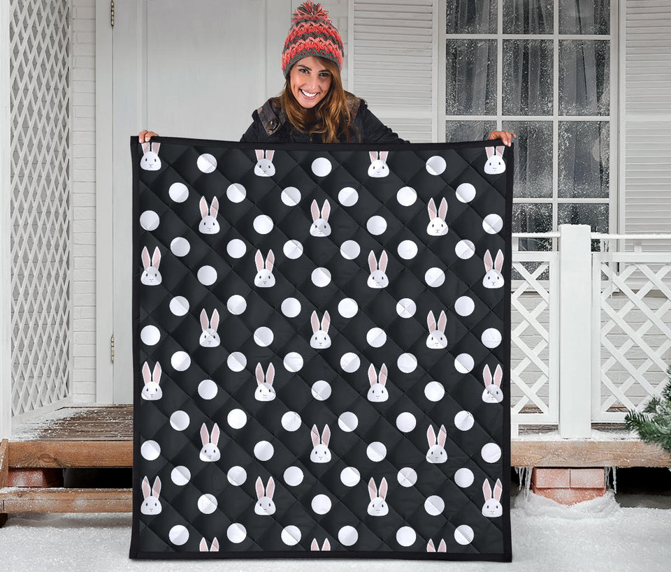 Cute White Rabbit Polka Dots Black Background Premium Quilt