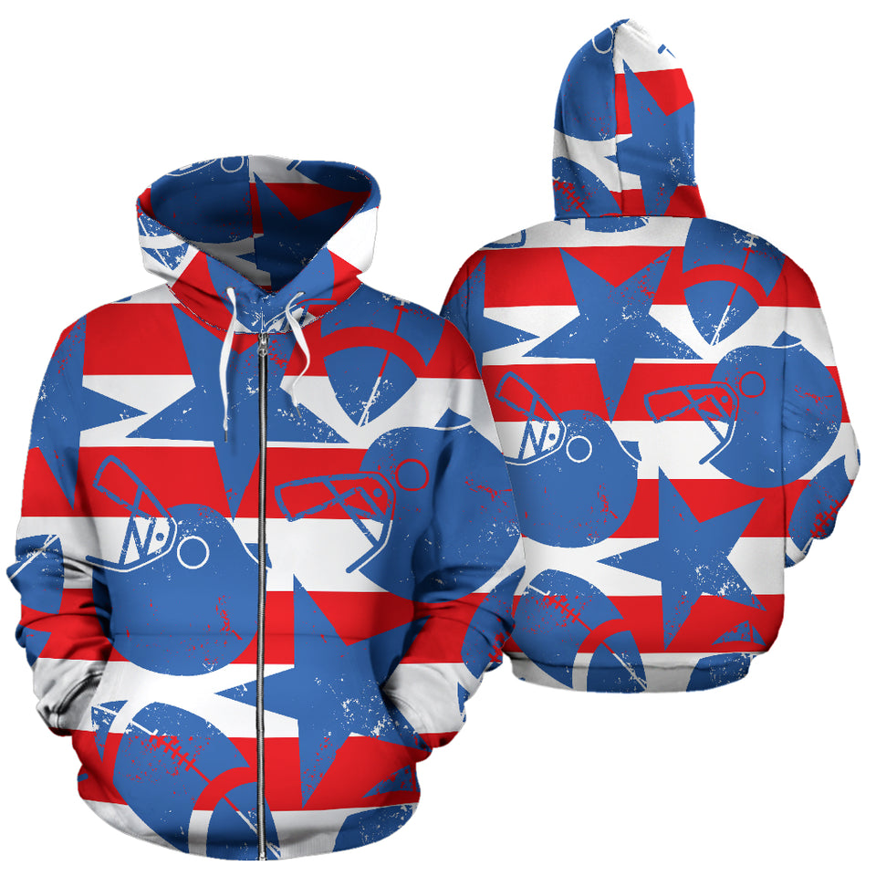 American Football Ball Star Stripes Pattern Zip Up Hoodie