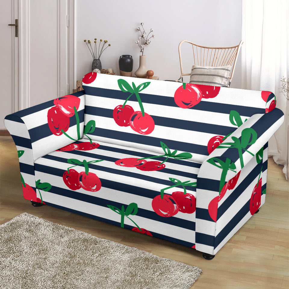 Hand Drawn Cherry Pattern Striped Background Loveseat Couch Slipcover