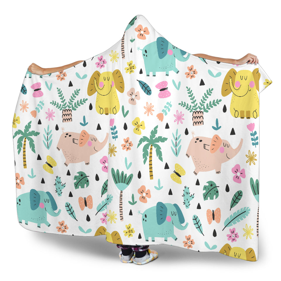 Cute Elephants Palm Tree Flower Butterfly Pattern Hooded Blanket