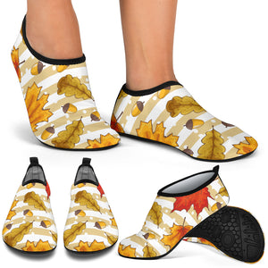 Maple Leaf Oak Leaf Acorns Beige Striped Background Aqua Shoes