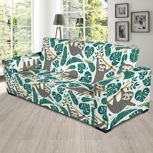 Cute Sloths Tropical Palm Leaves White Background Sofa Slipcover