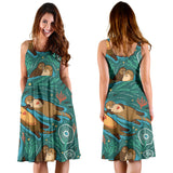 Cute Brown Sea Otters Ornamental Seaweed Corals Green Water Sleeveless Midi Dress